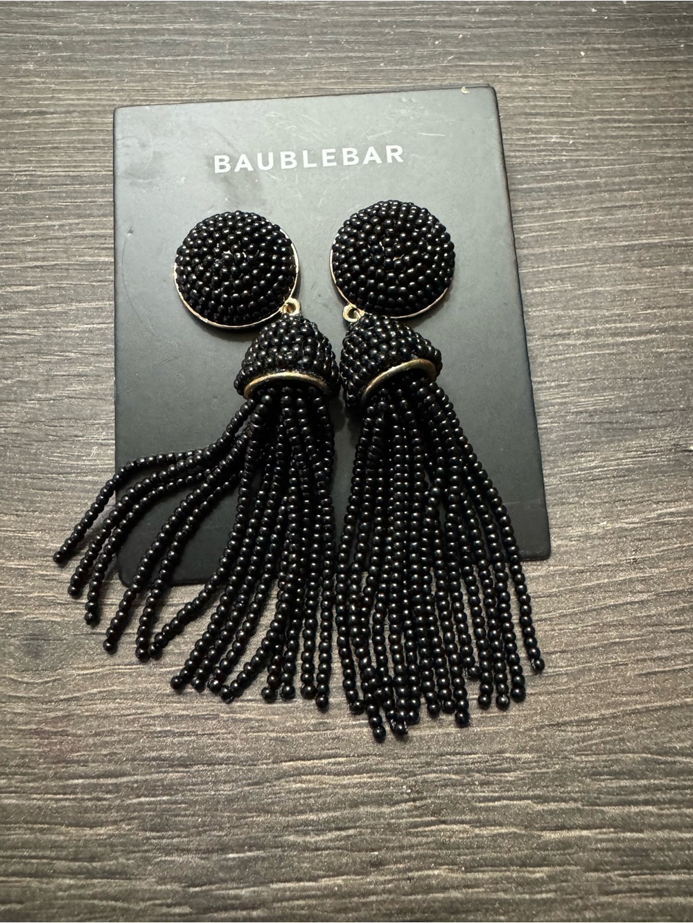 BaubleBar Black Beaded Tassel Statement Earrings with Gold Accents